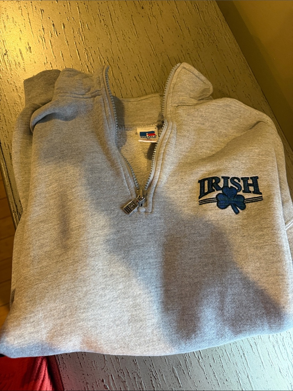 Russell Athletic Heather Gray Quarter-Zip Pullover with Blue 'IRISH' Embroidery